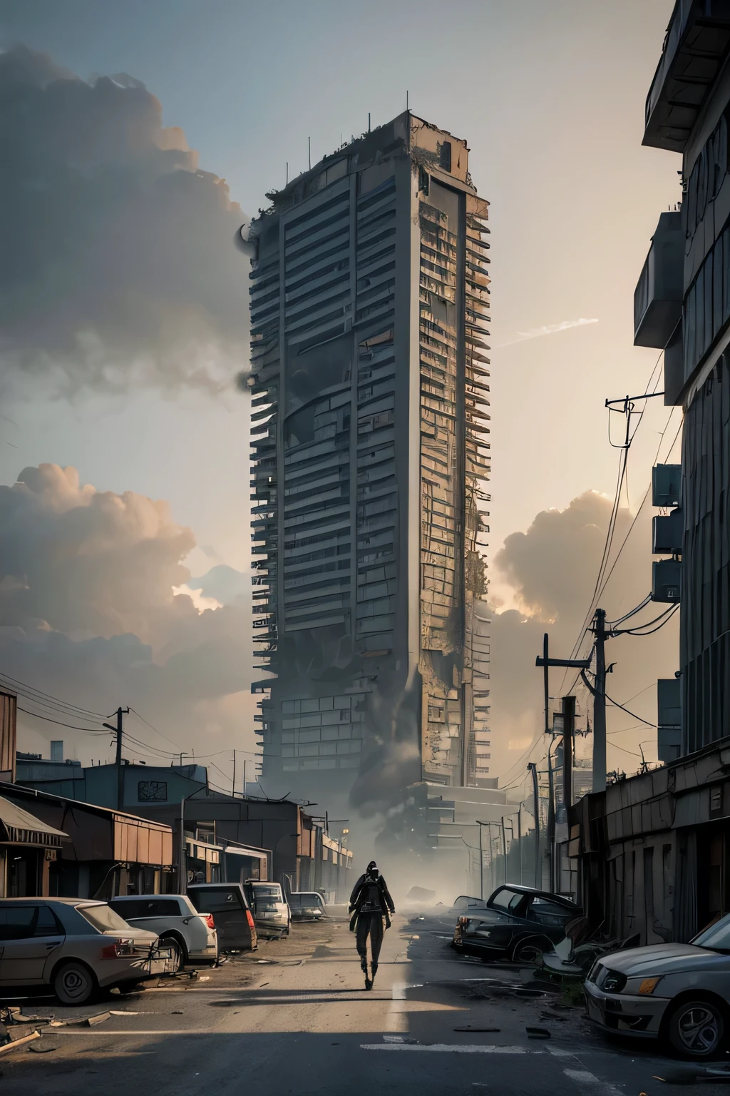 realistic image of cinematic post-apocalyptic city, there are tall concrete buildings in ruins all together and grouped in sequence and smoke coming out, ruined and crowded buildings, the image must have a view from 200 meters high, there is a woman with a gas mask and torn clothes walking down one of the streets seen from above, grey sky, a cidade se estende pelo horizonte, ambiente desolado e triste, Kenopsia, rusty and destroyed cars on the streets, fallen wire posts along the path, as detailed as possible, ambiente cinzento, atmosfera cinza, Grey buildings, Grey overcast sky