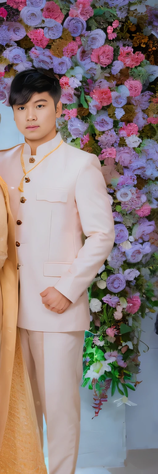 there are two people standing next to each other in front of a flower wall, details galore, abundent in details, detailed portrait shot, colour corrected, insanely details, dressed in a jodhpuri suit, groom, look at the details, backdrop, wearing a light - pink suit, with soft pink colors, close up half body shot, wearing a pink tux, perfect details