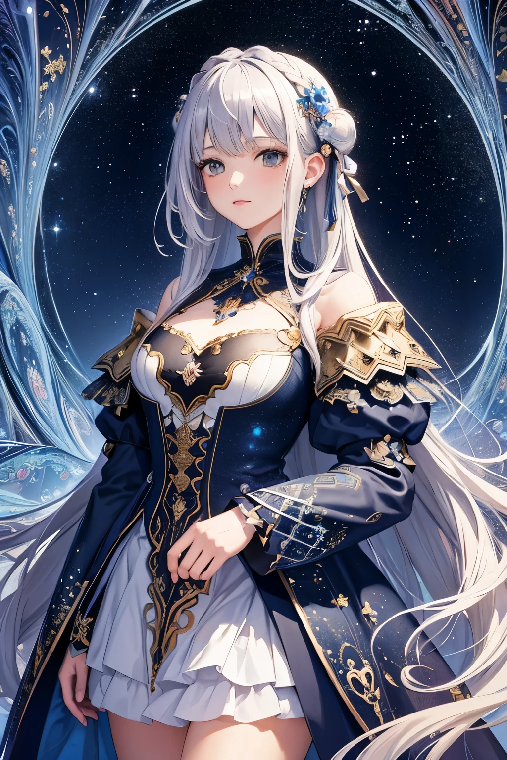 ((masterpiece, Highest quality)), Detailed face，Holy Knight，Character portrait，whole body，Perfect Body Proportions，Long legs，((Long Wavy Hair)), ，Beautiful Eyes，Fantasy Style，Black background，Very beautiful，,Expose,,Silver Hair,Blue Eyes,((Sparkling Eyes)),,Blue Gemstone Brooch,White and blue armor,A blue butterfly dances in the night sky,Black Stockings,Gorgeous Long Sword,Ready your sword