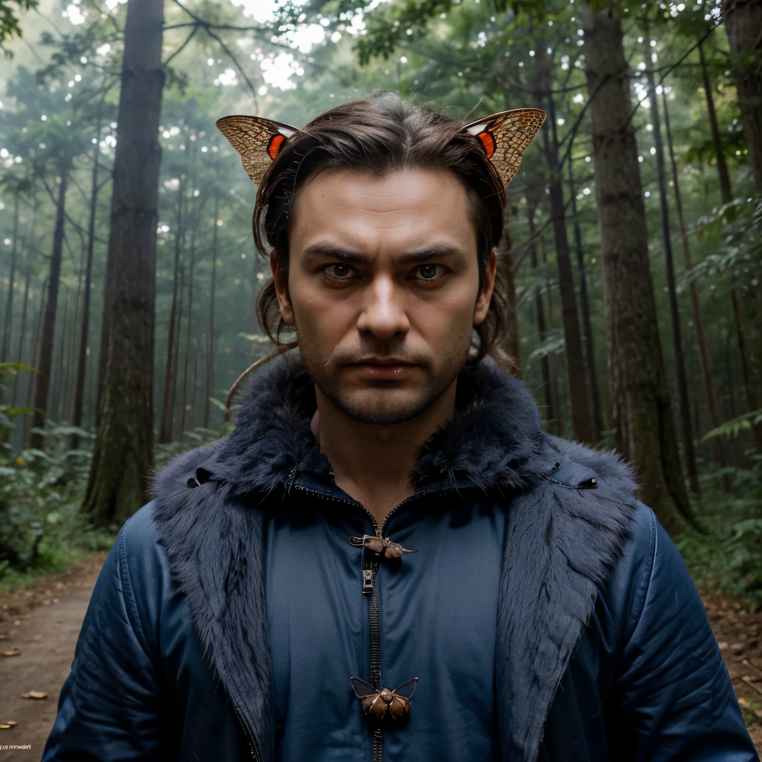 The picture is very detailed and the full shot image is very realistic and real. A Giant vampire moth with an angry face dark blue round eyes with brown fur, there is an insect kanji symbol on his forehead ia was flying in the air and was in a forest insects he is being photographed by photographers from a distance in foggy and sunny weather