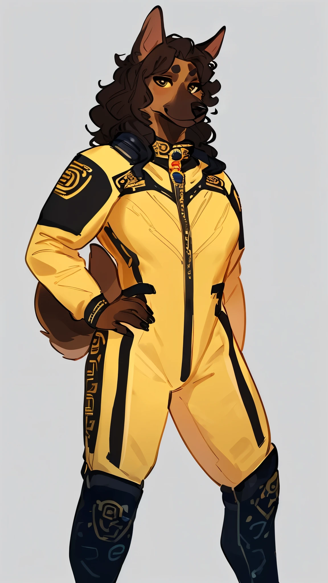 By bebebebebe, by lostgoose, by goonie-san, solo, female, canine, wavy hair, (((hair, belgian malinois))), standing, (tail, snout, detailed eyes), standing, (french city), ((versace spacesuit)),