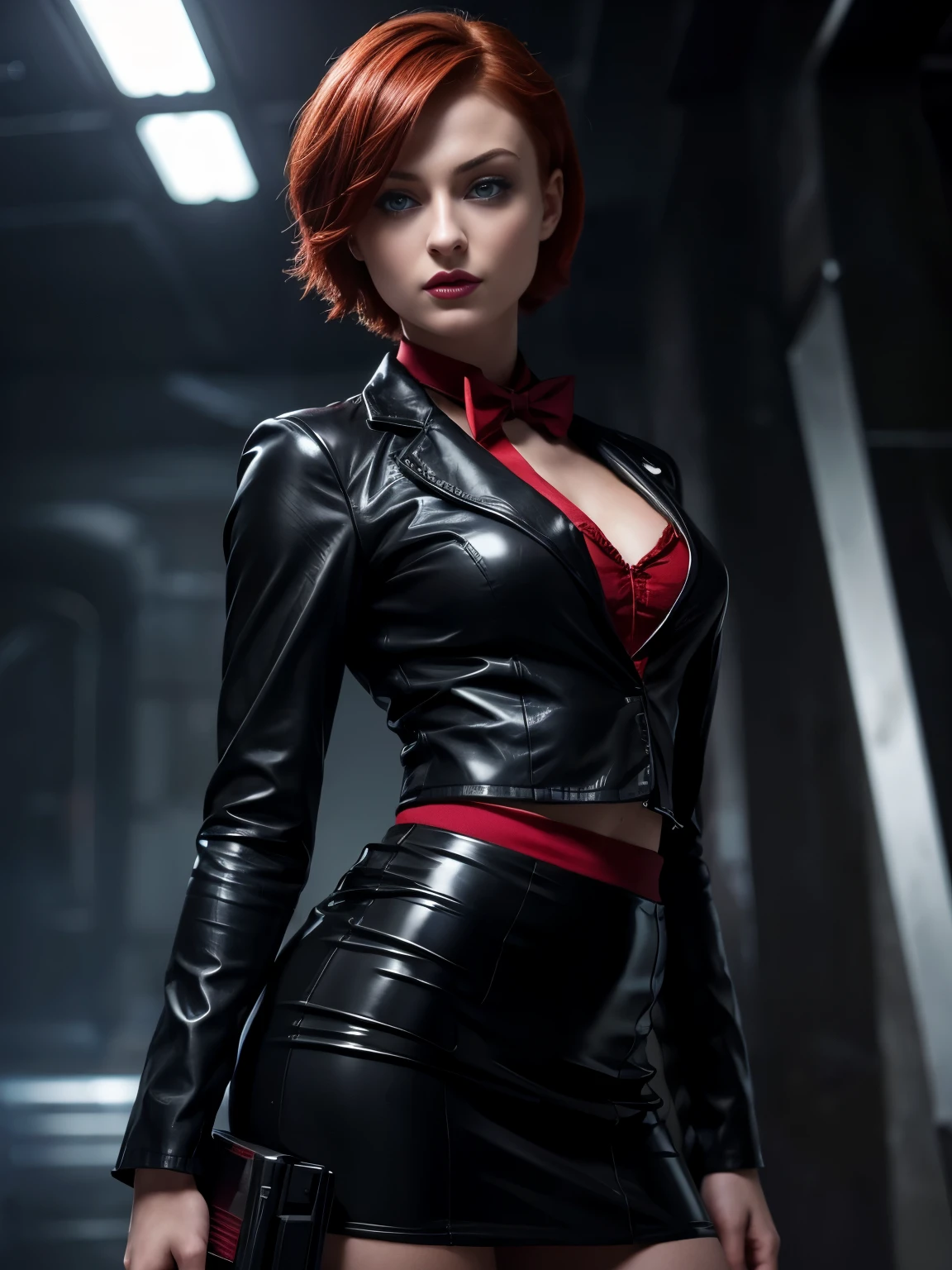 (absurdres, highres, ultra detailed), masterpiece, Sophie Turner as ada wong (resident evil), ((solo)), short red hair, 1girl, skirt suit, tuxedo, black jacket, waistcoat, black bowtie, bodycon skirt, black clothing, miniskirt, closed mouth, standing, (((detailed lips))), ((realistic skin)), glowing skin, ((glossy red lips)), portrait, beautiful, normal skin, blue eyes