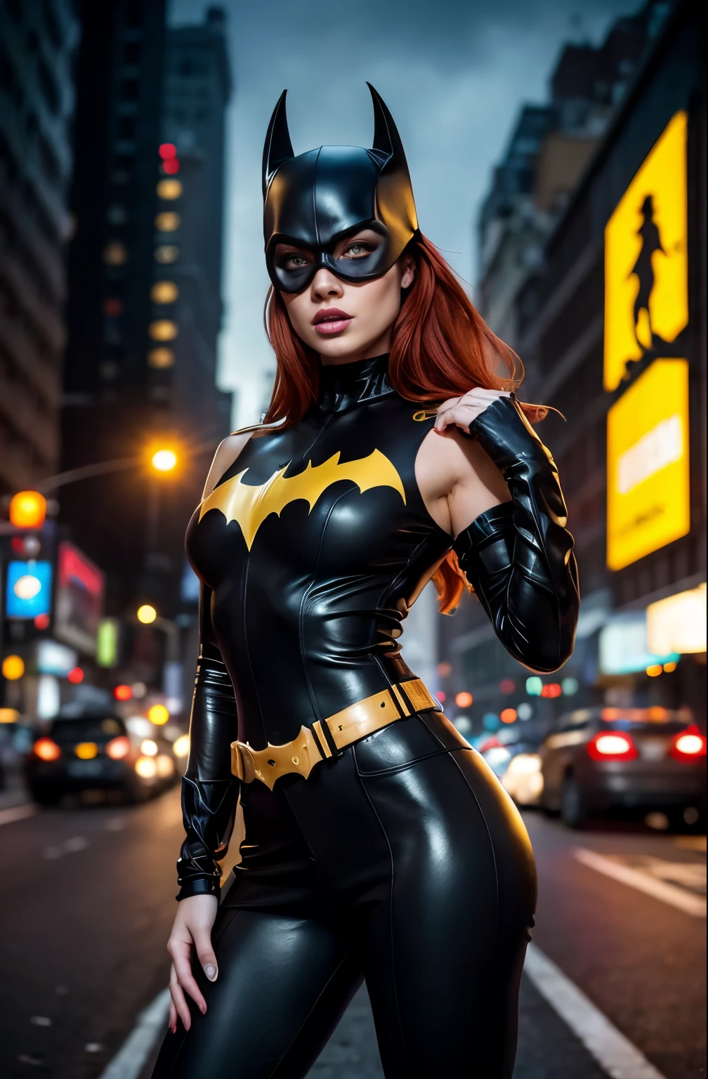 batgirl redhead topless beautiful meisterwek black and yellow, sexy seductive active pose, streets of new york at night, hyperrealism style extreme detail