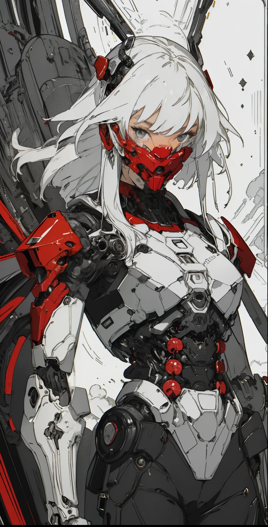 a close up of a female deity with a black and red biomechanical body, black and white void space, mix of magic and science, magic, science, black and red biomechanical details, silver tracing around some armor pieces, great character design, white biomechanical details, red mecha, highly detailed exquisite art, intricate red armor, no face, halo of energy over his head, 