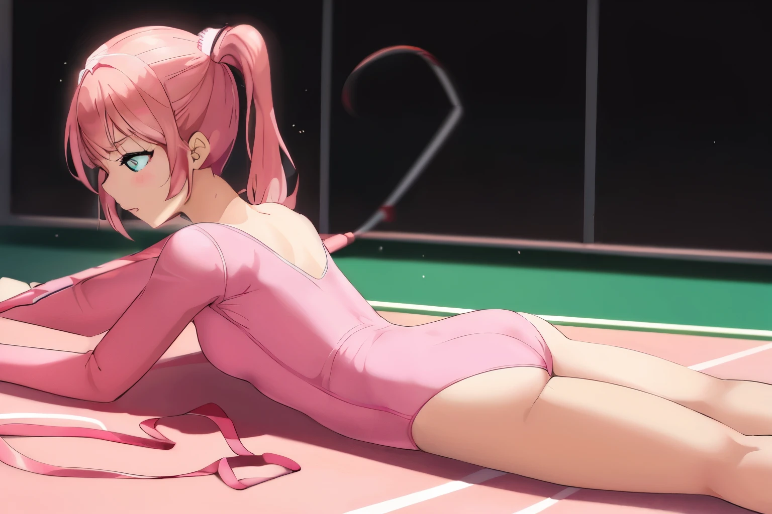 anime girl laying on the ground with a tennis racket, pink twintail hair and cyan eyes, seductive anime girl, Ilya Kuvshinov. 4k, Smooth anime CG art, Best Anime 4K Kona-chan Wallpaper, Cute girl anime visual, pixiv 3DCG, pink girl, by Shingei, wearing a leotard