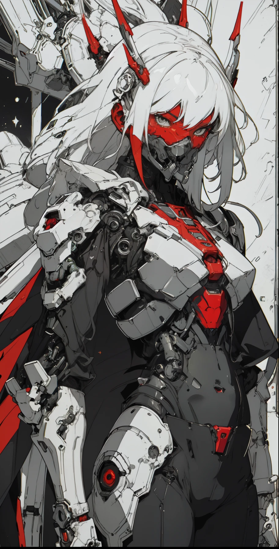 a close up of a female deity with a black and red biomechanical body, black and white void space, mix of magic and science, magic, science, black and red biomechanical details, silver tracing around some armor pieces, great character design, white biomechanical details, red mecha, highly detailed exquisite art, intricate red armor, no face, halo of energy over his head, 