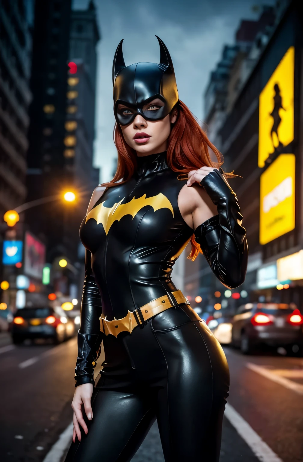 batgirl redhead ??????? beautiful meisterwek black and yellow, sexy seductive active pose, streets of new york at night, hyperrealism style extreme detail
