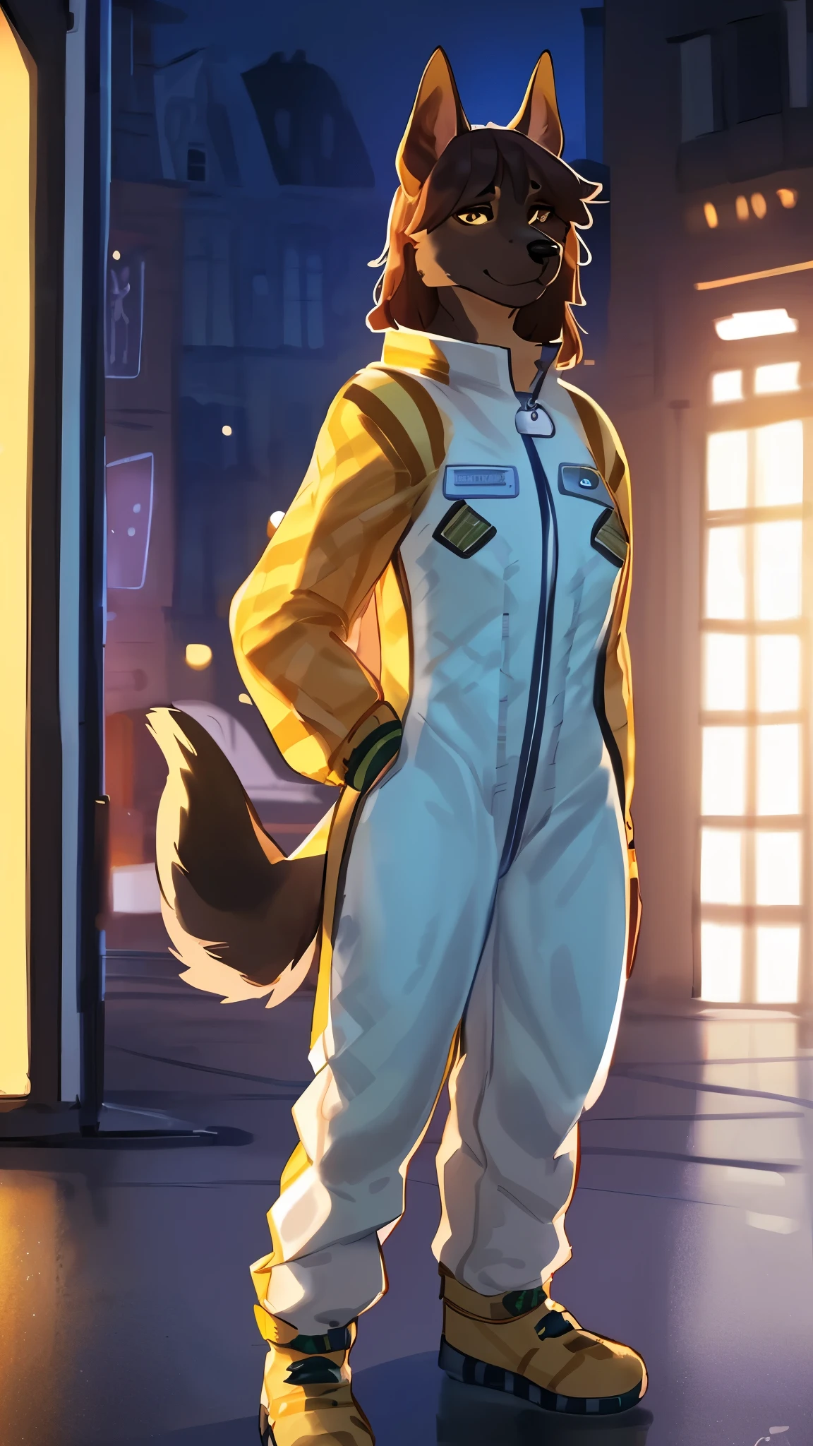 By bebebebebe, by lostgoose, by goonie-san, solo, female, canine, (((hair, belgian malinois))), standing, (tail, snout, detailed eyes), standing, (french city), ((burberry spacesuit)),