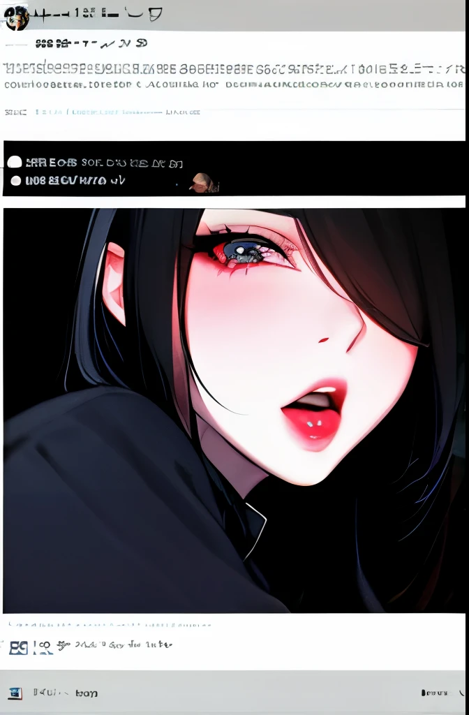 1 girl, photograph, Ahegao, big breasts, black hair, {hair above one eye}, dark background,