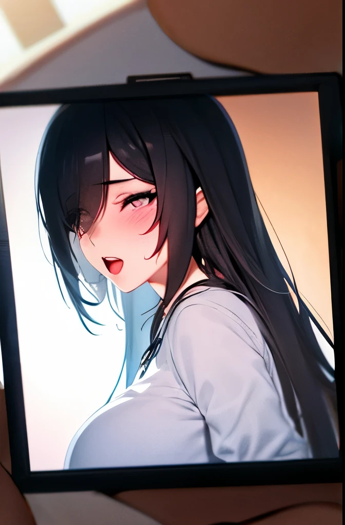 1 girl, photograph, Ahegao, big breasts, black hair, {hair above one eye}, dark background,