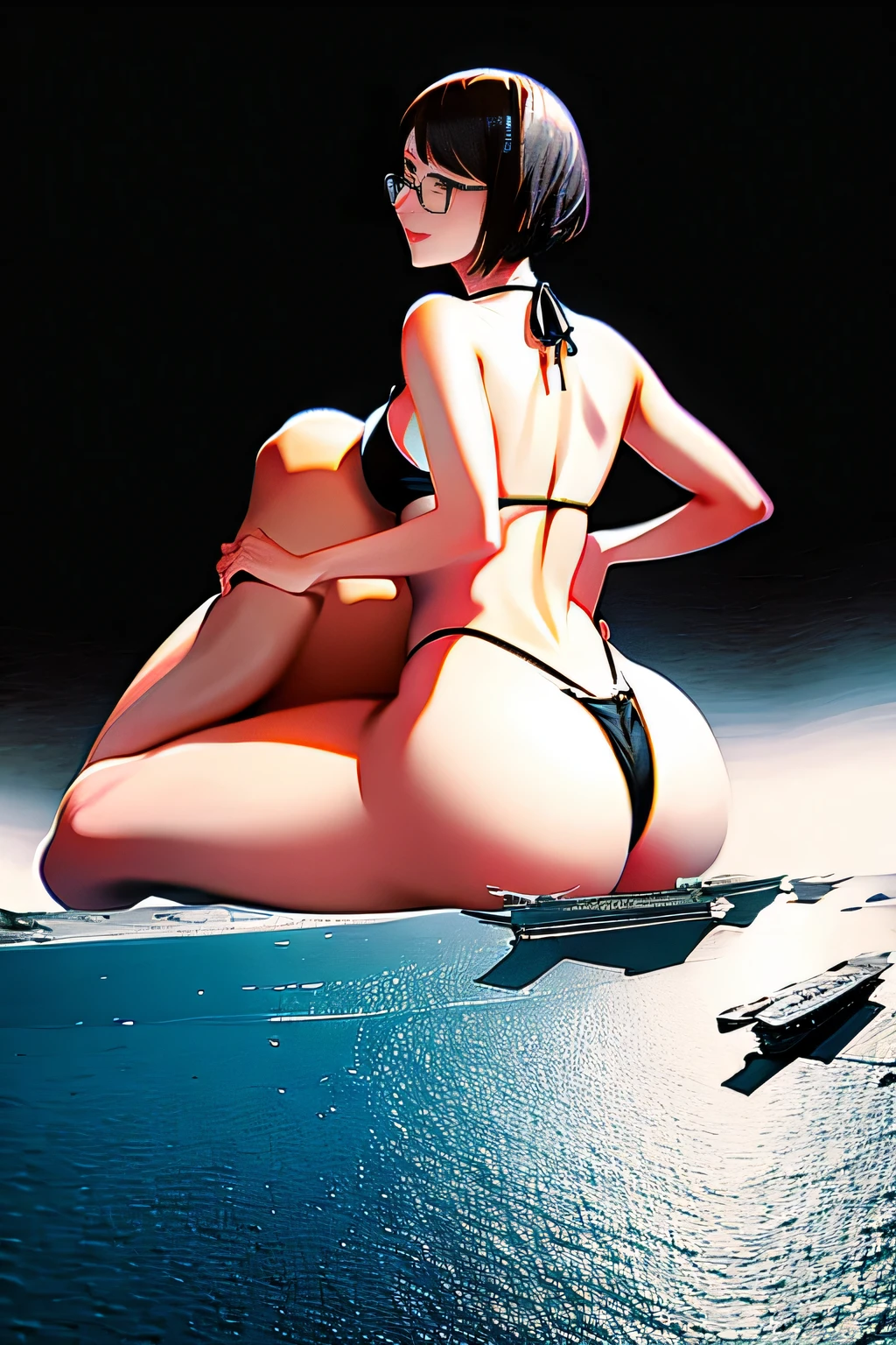 Giant娘 art, 非常に詳細なGiantショット, Giant, short hair, Giant woman bigger than a skyscraper, wearing rimless glasses, big breasts, big ass, bikini swimwear, Play with micro aircraft carriers and battleships in the land of dwarfs., full body description, GTS, giga Giant娘, Giant娘, crashed warship, small warship, micro warship, High resolution, highest quality, masterpiece,