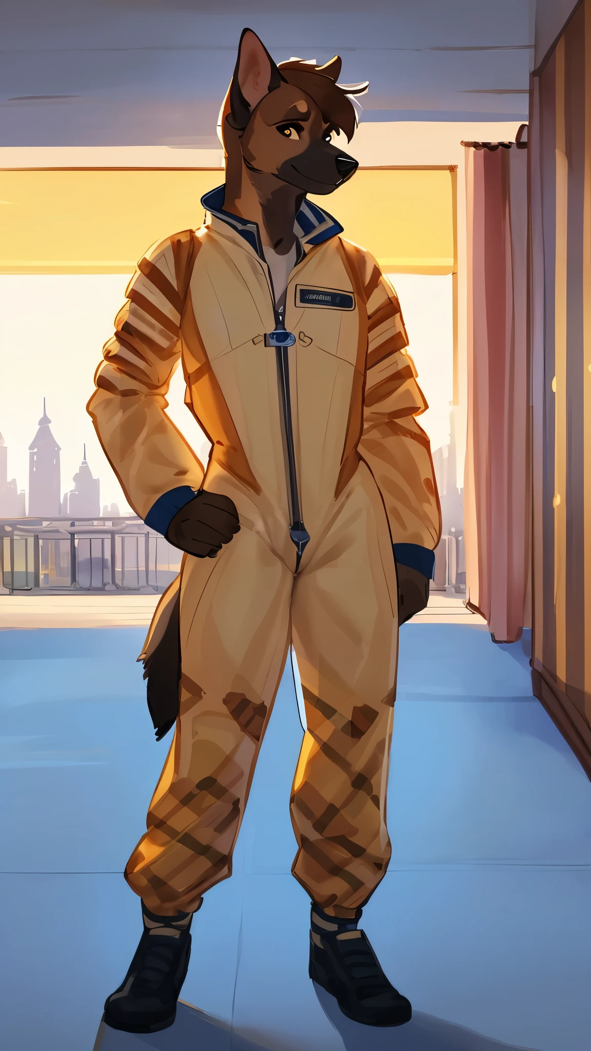 By bebebebebe, by lostgoose, by goonie-san, solo, female, canine, (((hair, belgian malinois))), standing, (tail, snout, detailed eyes), standing, (french city), ((burberry spacesuit)),