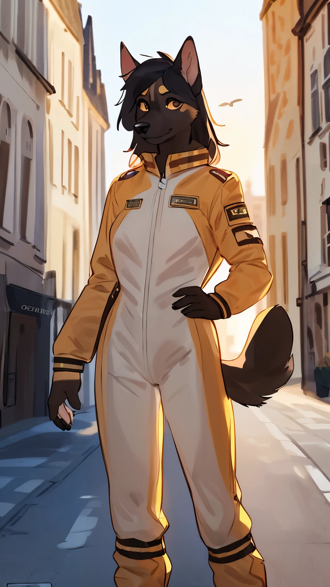 By bebebebebe, by lostgoose, by goonie-san, solo, female, canine, (((hair, belgian malinois))), standing, (tail, snout, detailed eyes), standing, (french city), ((burberry spacesuit)),