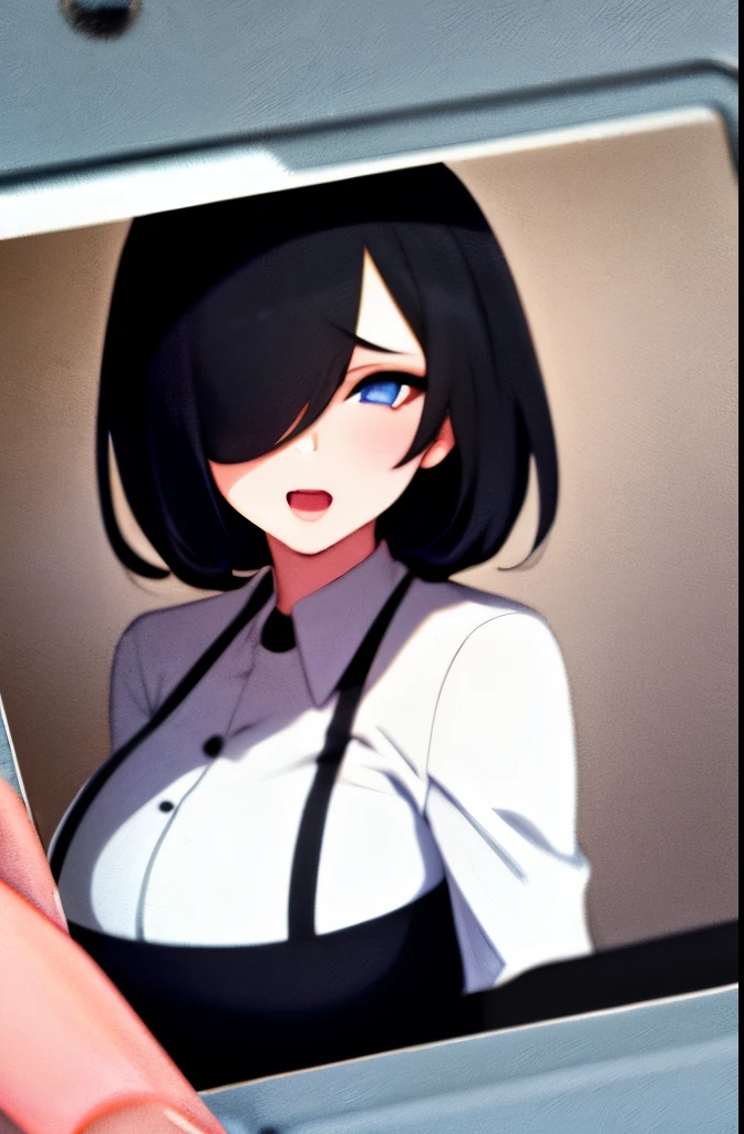1 girl, photograph, Ahegao, big breasts, black hair, {hair above one eye}, dark background, smartphoneでphotographされる女