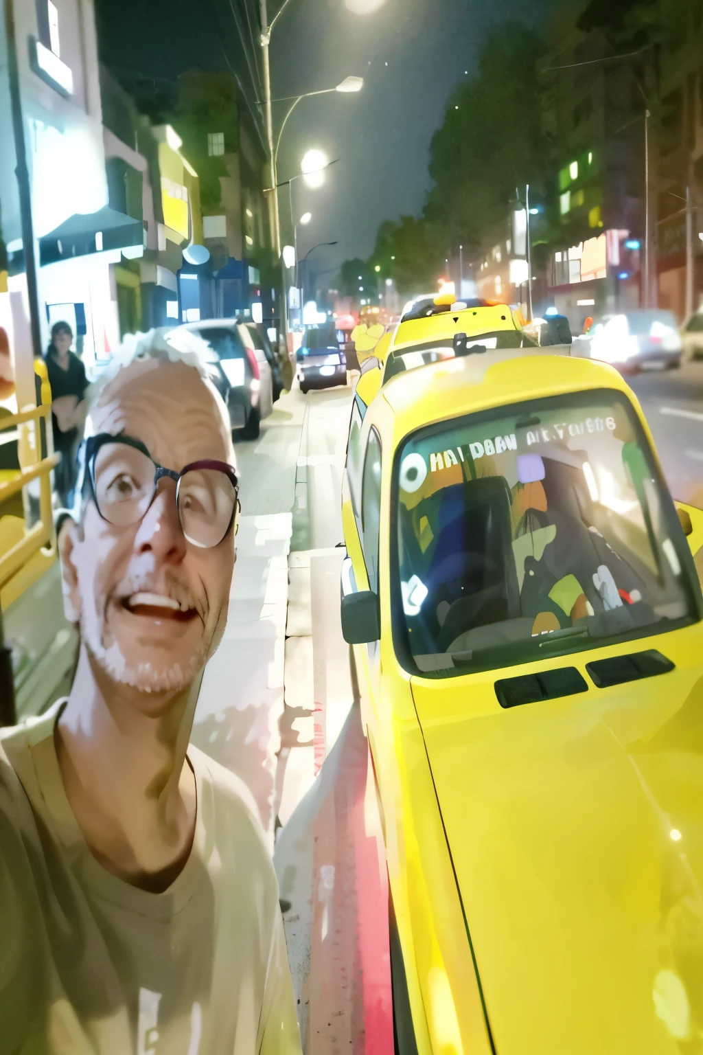 there is a man standing next to a yellow car on the street, taxis, feliz!!!, taxi, not blurry, in city street at noite, very very feliz!, foto selfie, at noite time, on a street at noite, photo taken at noite, in Sao Paulo, foto pov, selfie, noite!, capturado no iphone, com muitos viajantes