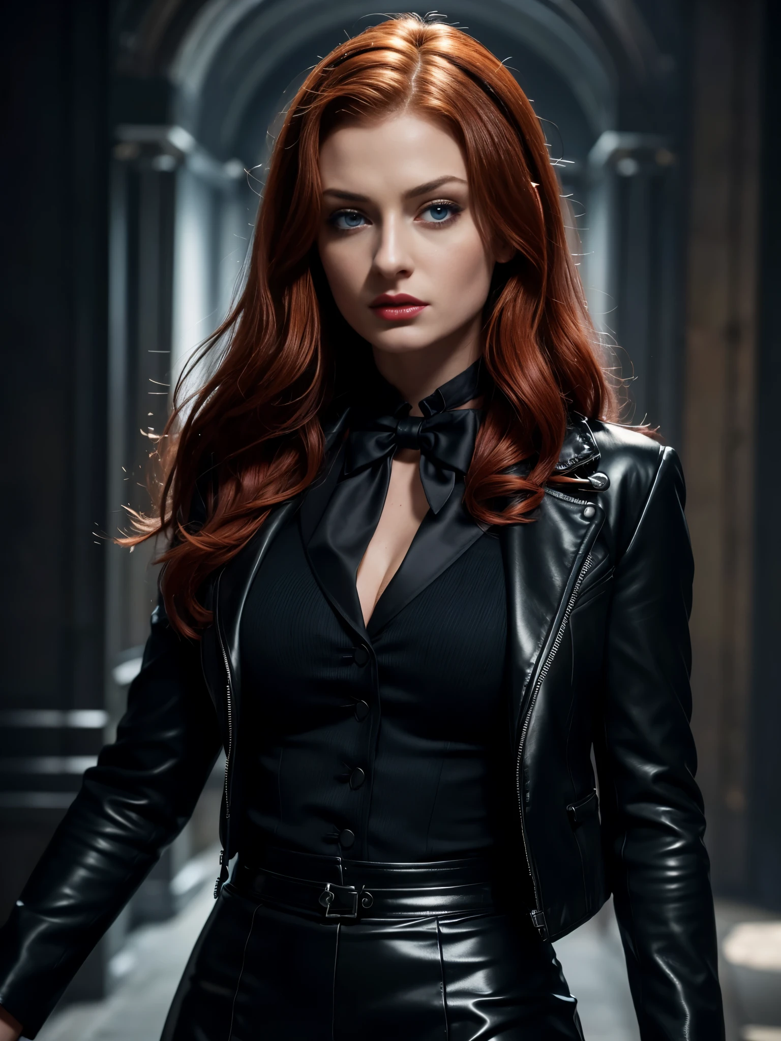 (absurdres, highres, ultra detailed), masterpiece, Sophie Turner (resident evil), ((solo)), long red hair, 1girl, skirt suit, tuxedo, black jacket, waistcoat, black bowtie, bodycon skirt, black clothing, miniskirt, closed mouth, standing, (((detailed lips))), ((realistic skin)), glowing skin, ((glossy red lips)), portrait, beautiful, normal skin, blue eyes