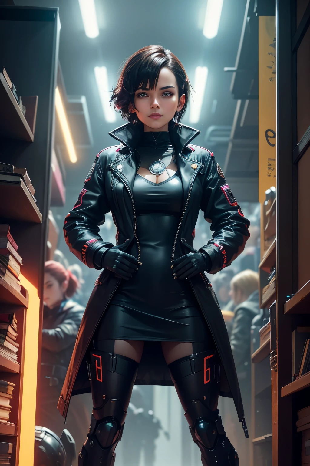 In the vibrant world of cyberpunk, a charismatic figure dressed in black steps forward, revealing a sleek mecha hidden beneath her trench coat. With a confident grin, she showcases her Machina Alter ego, its intricate mechanisms glinting under the neon lights. The crowd watches in awe as she effortlessly maneuvers the mecha, its bulky frame seemingly defying the laws of physics.
Meanwhile, Esssica, an inquisitive and adventurous woman with short chestnut hair and penetrating eyes, finds herself immersed in a realm of knowledge. Surrounded by her cluttered studio, littered with textbooks and formulas,
