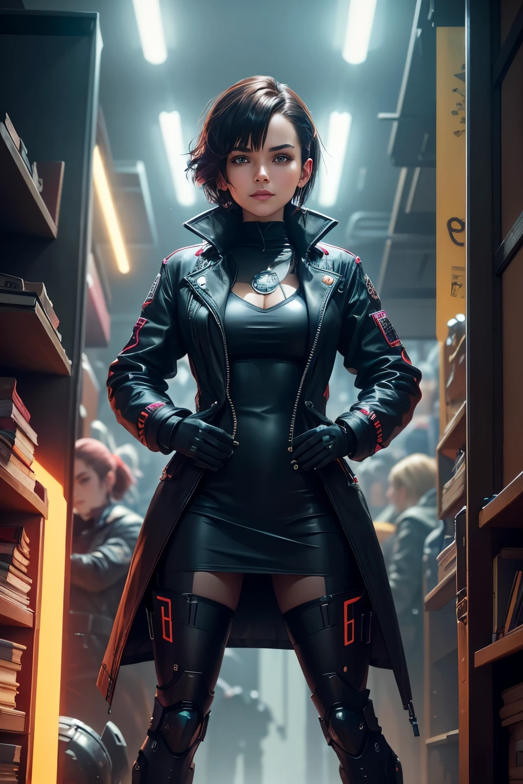 In the vibrant world of cyberpunk, a charismatic figure dressed in black steps forward, revealing a sleek mecha hidden beneath her trench coat. With a confident grin, she showcases her Machina Alter ego, its intricate mechanisms glinting under the neon lights. The crowd watches in awe as she effortlessly maneuvers the mecha, its bulky frame seemingly defying the laws of physics.
Meanwhile, Esssica, an inquisitive and adventurous woman with short chestnut hair and penetrating eyes, finds herself immersed in a realm of knowledge. Surrounded by her cluttered studio, littered with textbooks and formulas,