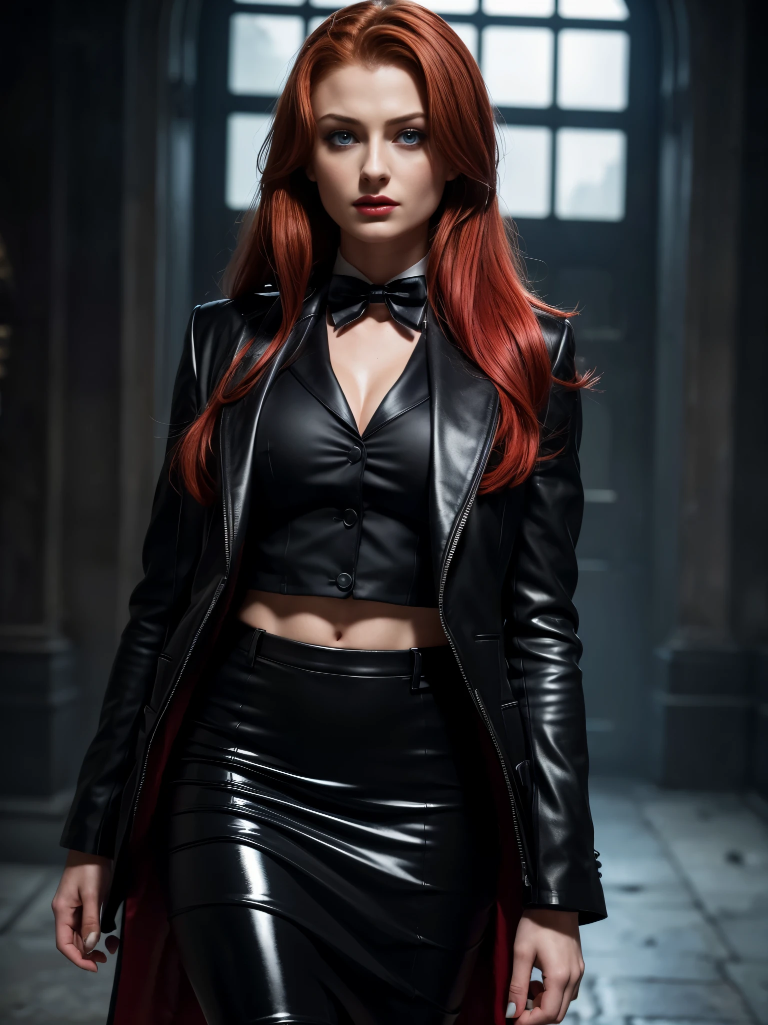 (absurdres, highres, ultra detailed), masterpiece, Sophie Turner (resident evil), ((solo)), long red hair, 1girl, skirt suit, tuxedo, black jacket, waistcoat, black bowtie, bodycon skirt, black clothing, miniskirt, closed mouth, standing, (((detailed lips))), ((realistic skin)), glowing skin, ((glossy red lips)), portrait, beautiful, normal skin, blue eyes