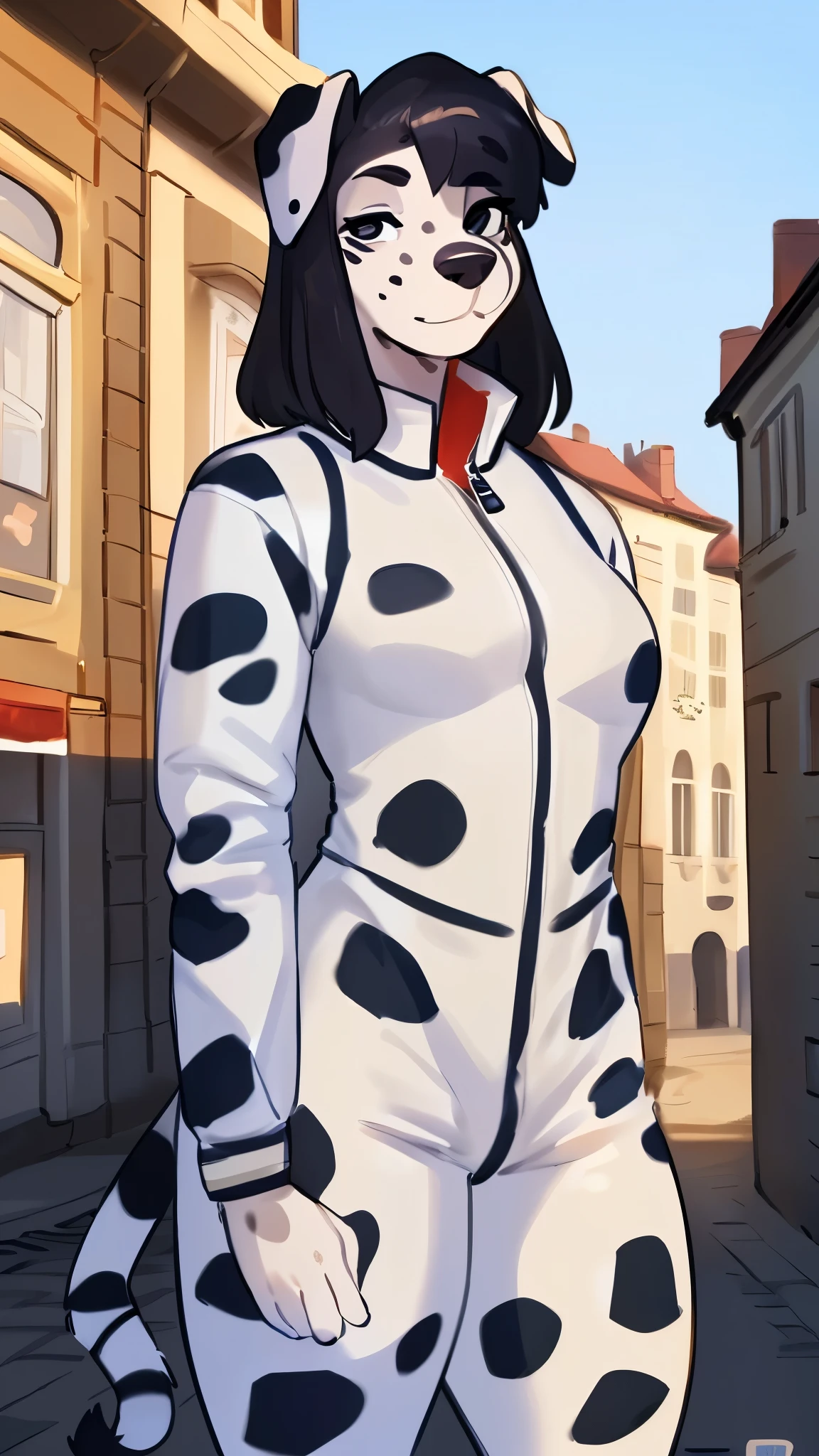 By bebebebebe, by lostgoose, by goonie-san, solo, female, canine, (((hair, dalmation))), standing, (tail, snout, detailed eyes), standing, (french city), ((burberry spacesuit)),