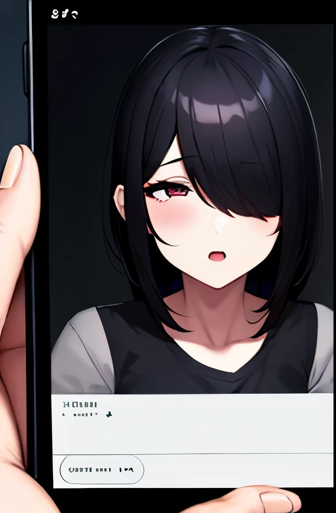 1 girl, photograph, Ahegao, big breasts, black hair, {hair above one eye}, dark background, フェラチオをsmartphoneでphotographされる女、Gonzo、pov、through the camera