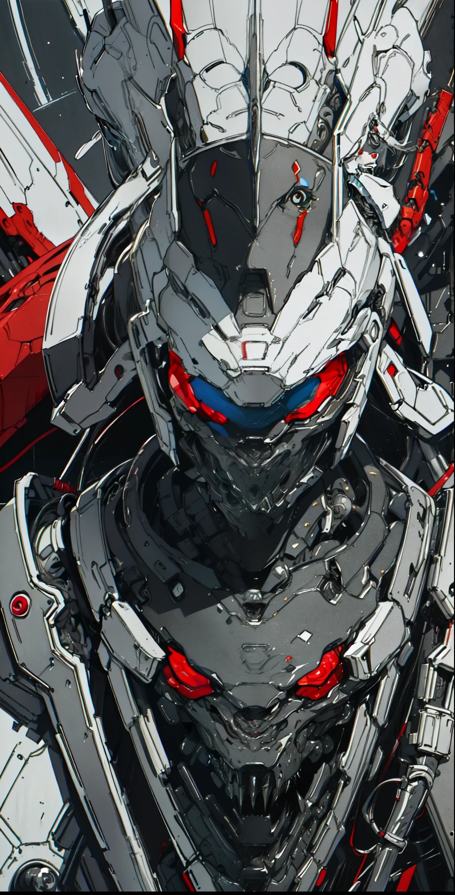 a close up of a female deity with a black and red biomechanical body, black and white void space, mix of magic and science, magic, science, black and red biomechanical details, silver tracing around some armor pieces, great character design, white biomechanical details, red mecha, highly detailed exquisite art, intricate red armor, no face, halo of energy over his head, 