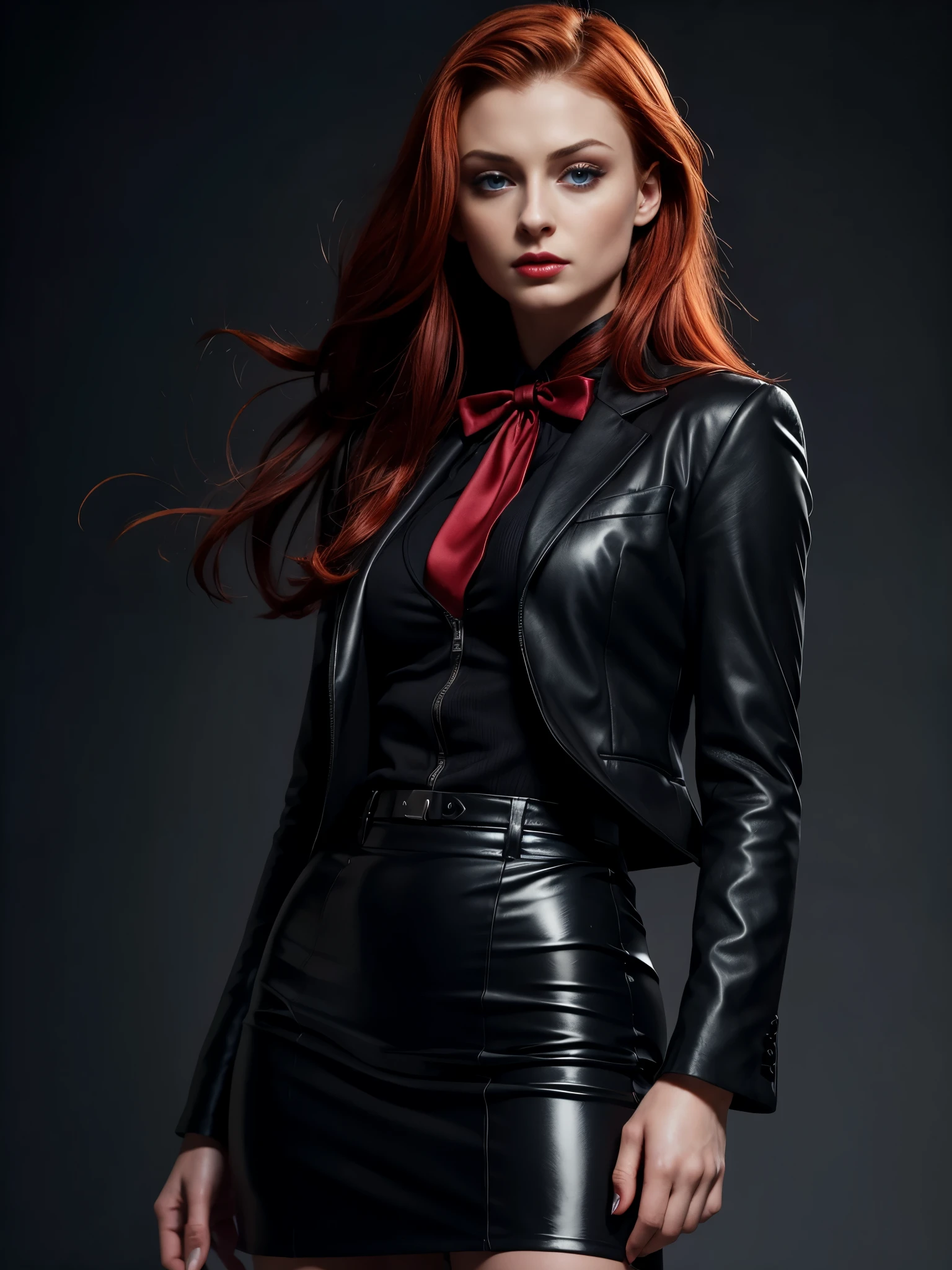 (absurdres, highres, ultra detailed), masterpiece, Sophie Turner (resident evil), ((solo)), long red hair, 1girl, skirt suit, tuxedo, black jacket, waistcoat, black bowtie, bodycon skirt, black clothing, miniskirt, closed mouth, standing, (((detailed lips))), ((realistic skin)), glowing skin, ((glossy red lips)), portrait, beautiful, normal skin, blue eyes