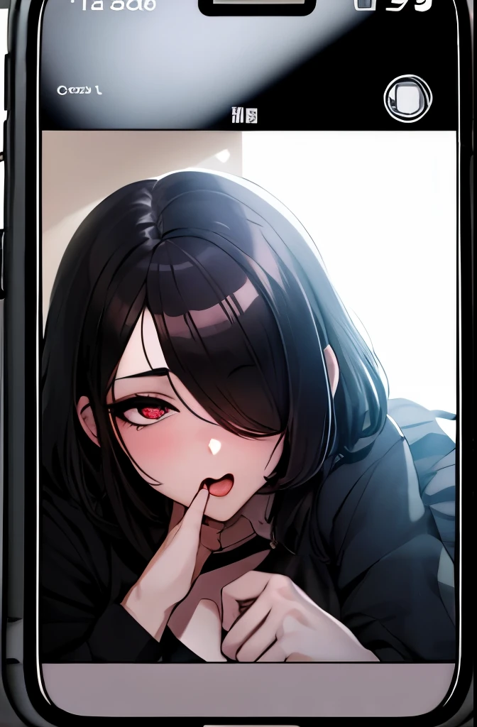1 girl, photograph, Ahegao, big breasts, black hair, {hair above one eye}, dark background, ハメ撮りをsmartphoneでphotographされる女、pov、Blowjob on camera