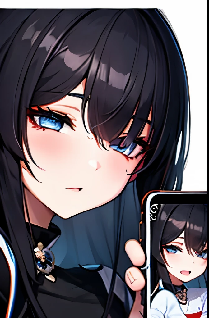 1 girl, photograph, Ahegao, big breasts, black hair, {hair above one eye}, dark background, ハメ撮りをsmartphoneでphotographされる女、pov、Blowjob on camera