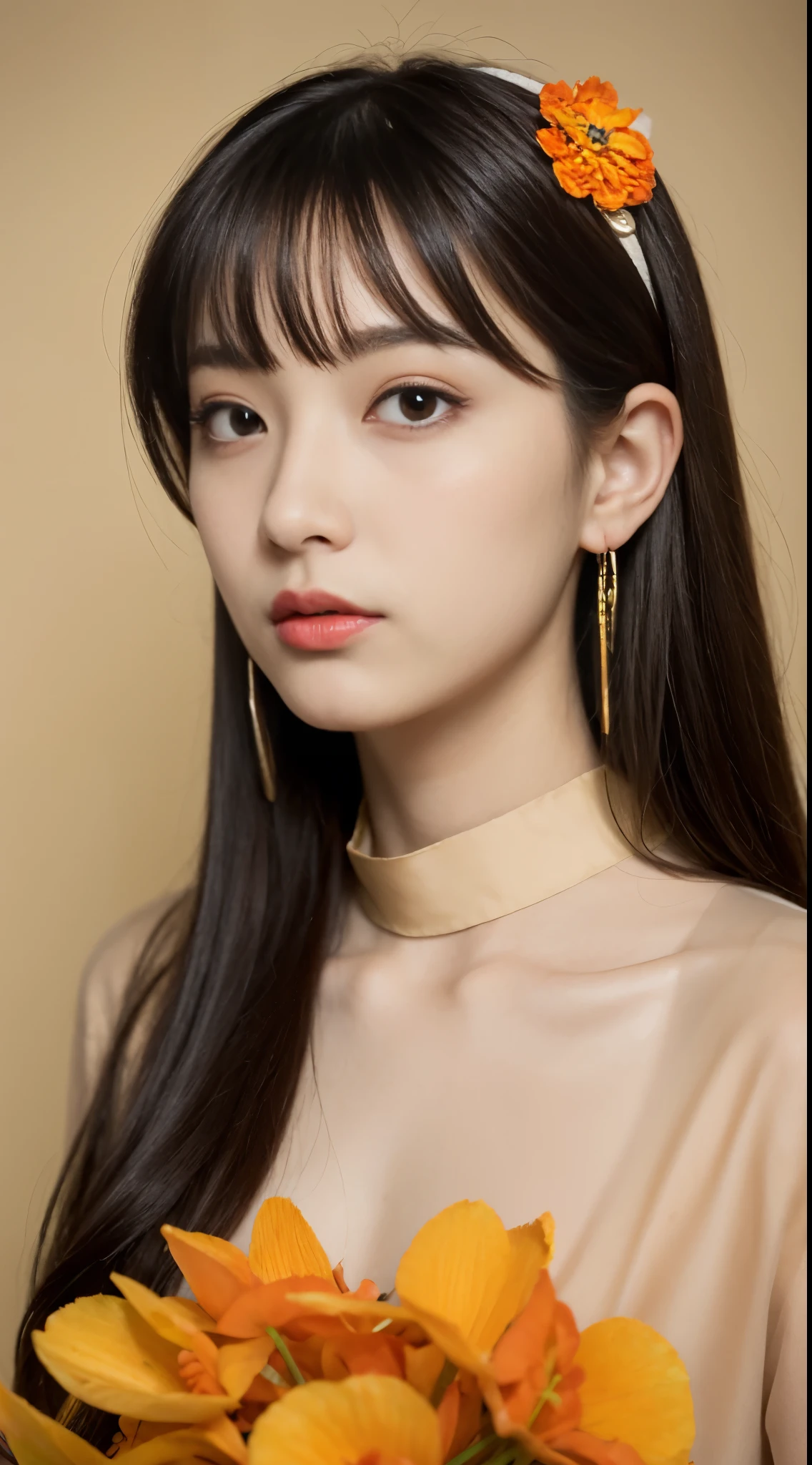 ridiculous, high resolution, Super detailed, 1 girl, alone, extremely detailed eyes, starfish, seashell, shell, flower, have, hair accessories, jewelry, straw have, looking at the audience, sunglasses, have flower, straw, hairpin, earrings, red flower, have色眼镜, yellow flower, Bangs, English text, colorful hair, orange flower, black hair, ring, cup, long hair, orange-have色眼镜, food, brown hair, portrait, shell hair accessories
