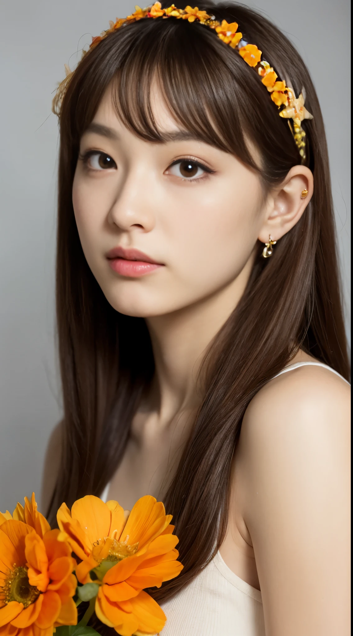 ridiculous, high resolution, Super detailed, 1 girl, alone, extremely detailed eyes, starfish, seashell, shell, flower, have, hair accessories, jewelry, straw have, looking at the audience, sunglasses, have flower, straw, hairpin, earrings, red flower, have色眼镜, yellow flower, Bangs, English text, colorful hair, orange flower, black hair, ring, cup, long hair, orange-have色眼镜, food, brown hair, portrait, shell hair accessories
