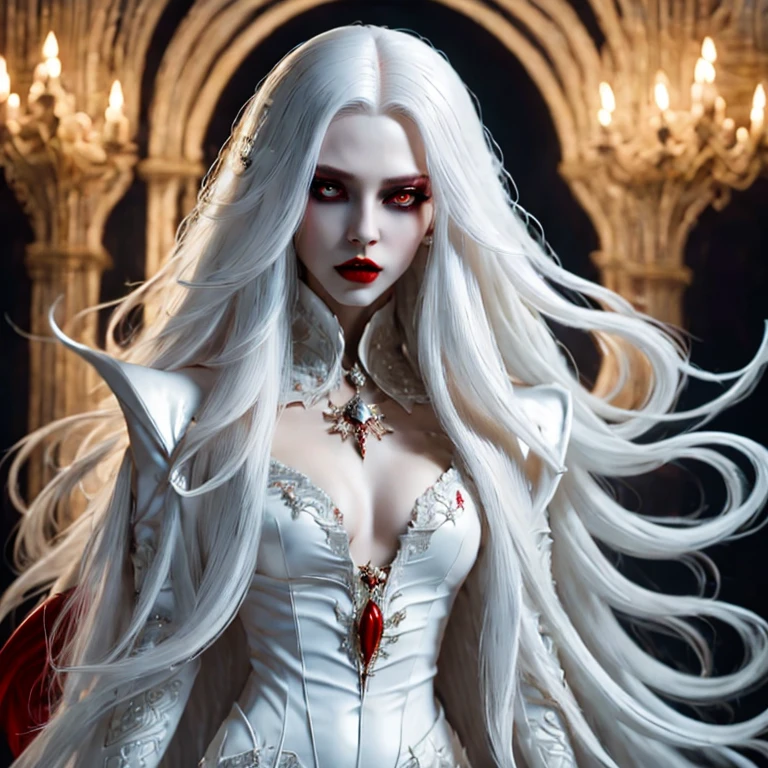 A terrifying and beautiful vampire, long white hair, beautiful red lips, complicated eye roll, like a dream, ethereal, Cover the navel,Popular topics on Artstation, white luxury suit, BalenciagaStyle, Royal background，sharp focus，soft light, (best quality,4k,8k,highres,masterpiece:1.2),ultra-detailed,(realistic,photorealistic,photo-realistic:1.37)