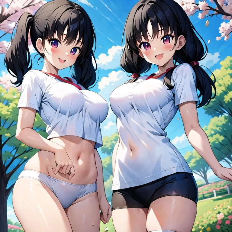 masterpiece, best quality, highres, videl, blush stickers, twintails, medium breasts. bike shorts, white shirt, smile, cherry blossoms, outdoors, cowboy shot, medium breasts