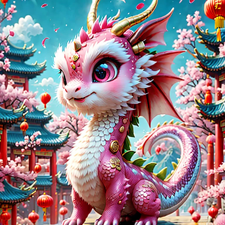 (masterpiece, best quality:1.2), Q version, 1cute little dragon, Chinese style, pink space, festival atmosphere, Spring Festival, cute dragon horn, Chinese elements, cartoon, cute pets, lively.