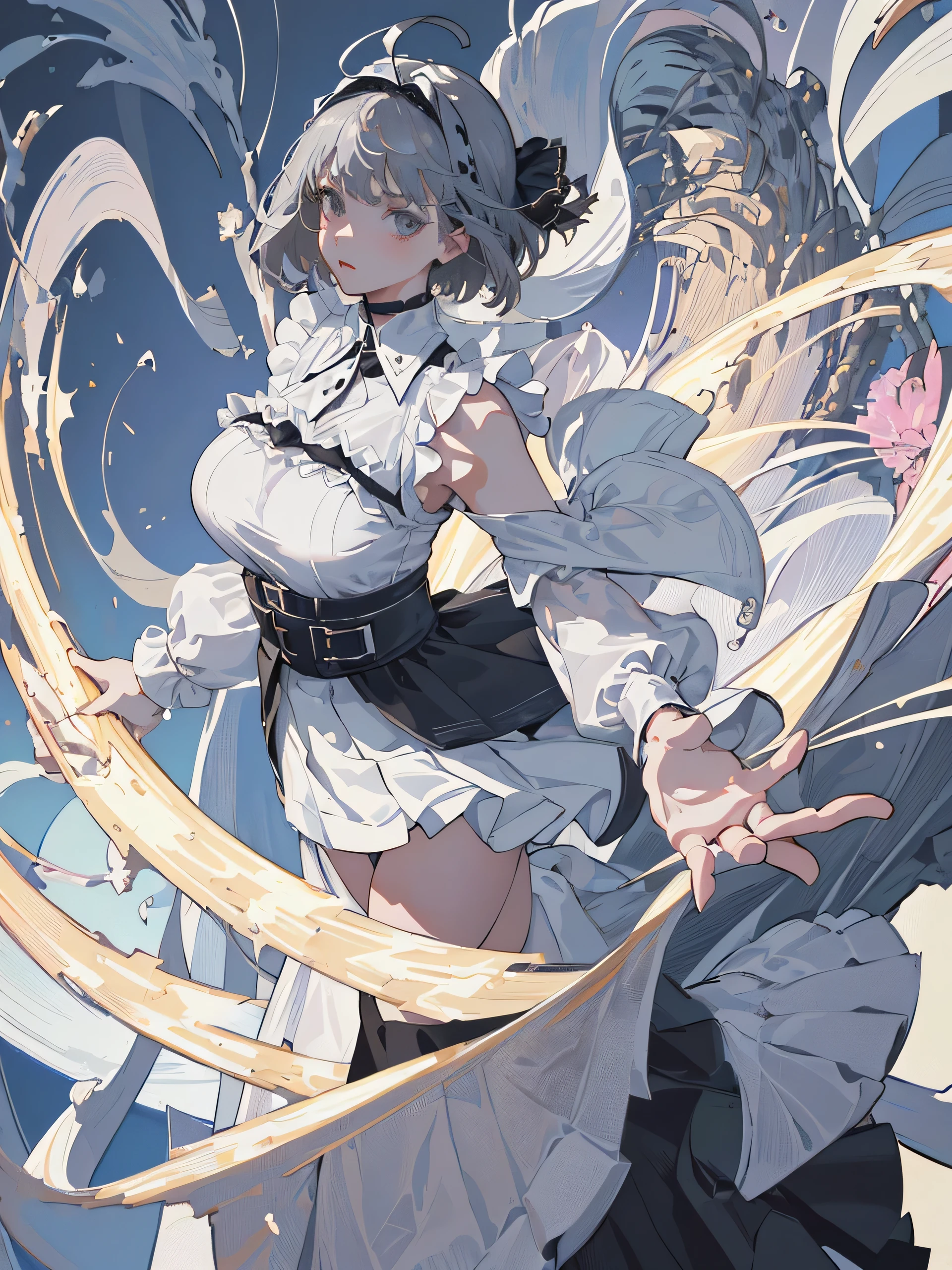 (figure, animation), ((masterpiece, highest quality)), (1 girl, women only, Lonely Woman:1.4), (female focus), (Ahoge, gray hair, short hair), black eye, ((white shirt), (buttoned shirt)), ((black skirt), (short skirt)), Are standing, white background, turn your arms behind your back, (huge breasts, saggy breasts),