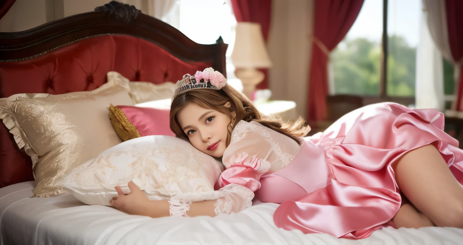 ,highest quality, masterpiece, highest resolution, artwork, super それにget used to it, many get used to it, get used to it, それにget used to it, 3K realistic photos,,(( When I )),Super detailed baby face,She isss,Full length ball gown dress with hoop skirt,ruffle yoke collar,puff sleeves,long sleeve,((Lolita style hot pink detailed princess satin dress、Comes with lots of frills and ribbons。)),colorful rococo fashion,shiny satin dress,Soft and smooth fabric,luxury,long blonde hair,blue eyes,white skin european,pajamas,((inside the palace)),,,(( When I was 10 years old)),Super ce,Full length ball gown dress witirt,long skirt,ruffle yoke collar,puff sleeves,腰まで伸びるlong blonde hair,blue eyes,white skin european,pajamas,((inside the palace bedroom)),ピンクのシルクサテンのluxuryなcanopy bedの上,canopy bed,Luxurious curtains on both sides of the bed,many frilly pillows on the bed,super detailed background,Detailed bed,romantic atmosphere,little princess is lying on the bed,hug a pink pillow,((((Both legs are hidden in the dress)))),round bulging dress,the dress is spread out on the bed,soft pink silk satin comforter,soft silk satin ruffled pillow,Beautiful girl illustration,detailed beautiful face detailed hair,detailed human eye ,detailed mouth, arm details,fine hands,Detailed pillow,