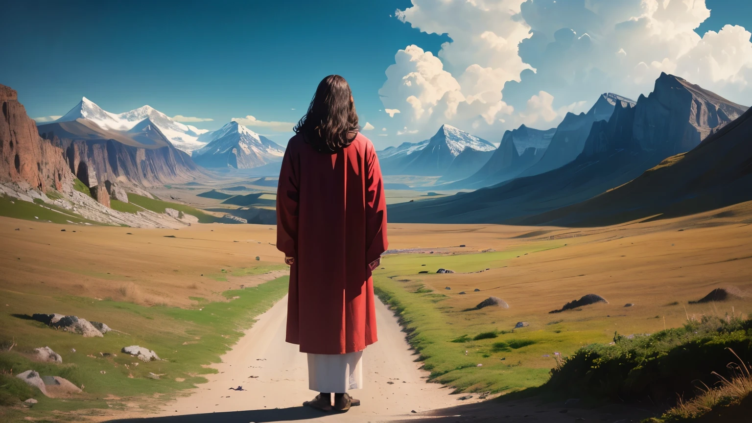 Jesus Christ standing sad looking at the screen with a beautiful landscape behind , 8k, hiperrealismo, rosto detalhado, Cinematic vision