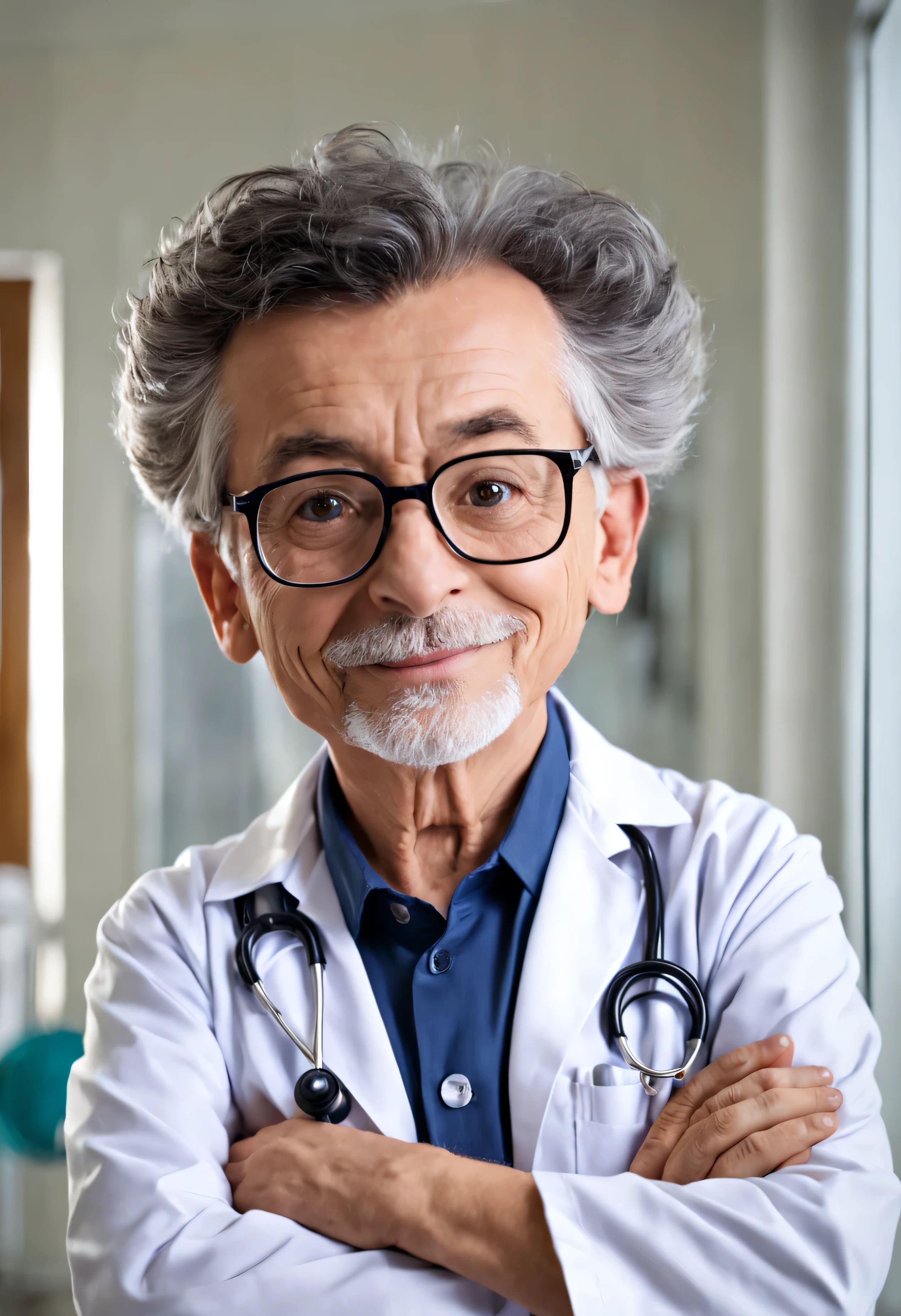 um homem medico de uns 50 e poucos anos sozinho olhando para camera com aparencia seria e experiente