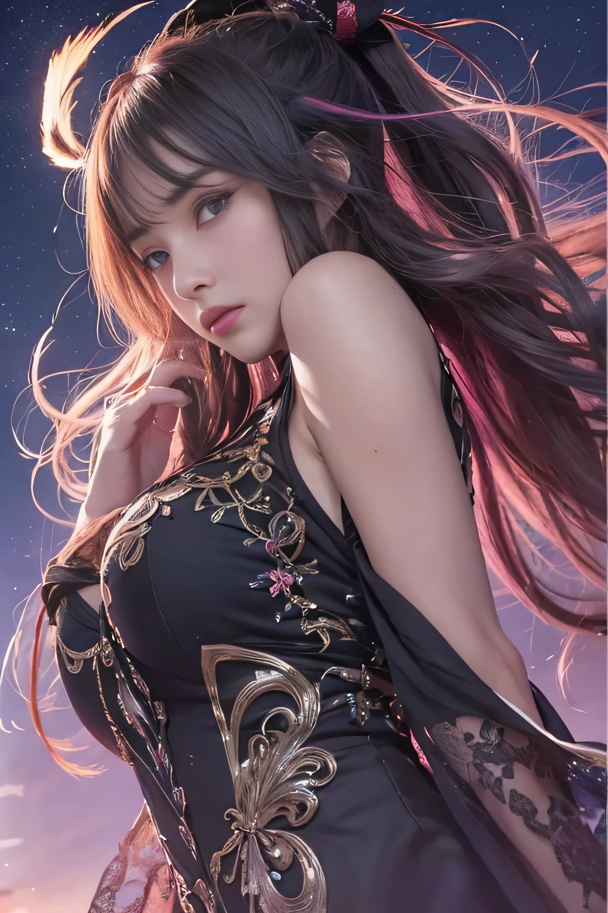 A woman with long hair wearing a black dress and a black cape - SeaArt AI