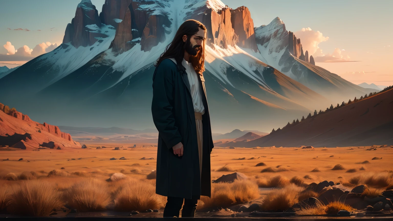 Jesus Christ standing sad looking at the screen with a beautiful landscape behind , 8k, hiperrealismo, rosto detalhado, Cinematic vision