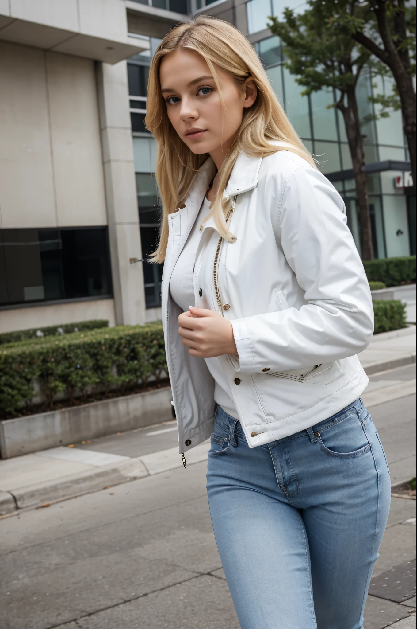 Full body shot, Beautiful blonde woman, white jacket, wearing jeans, looking into camera, walking, looking sideways
