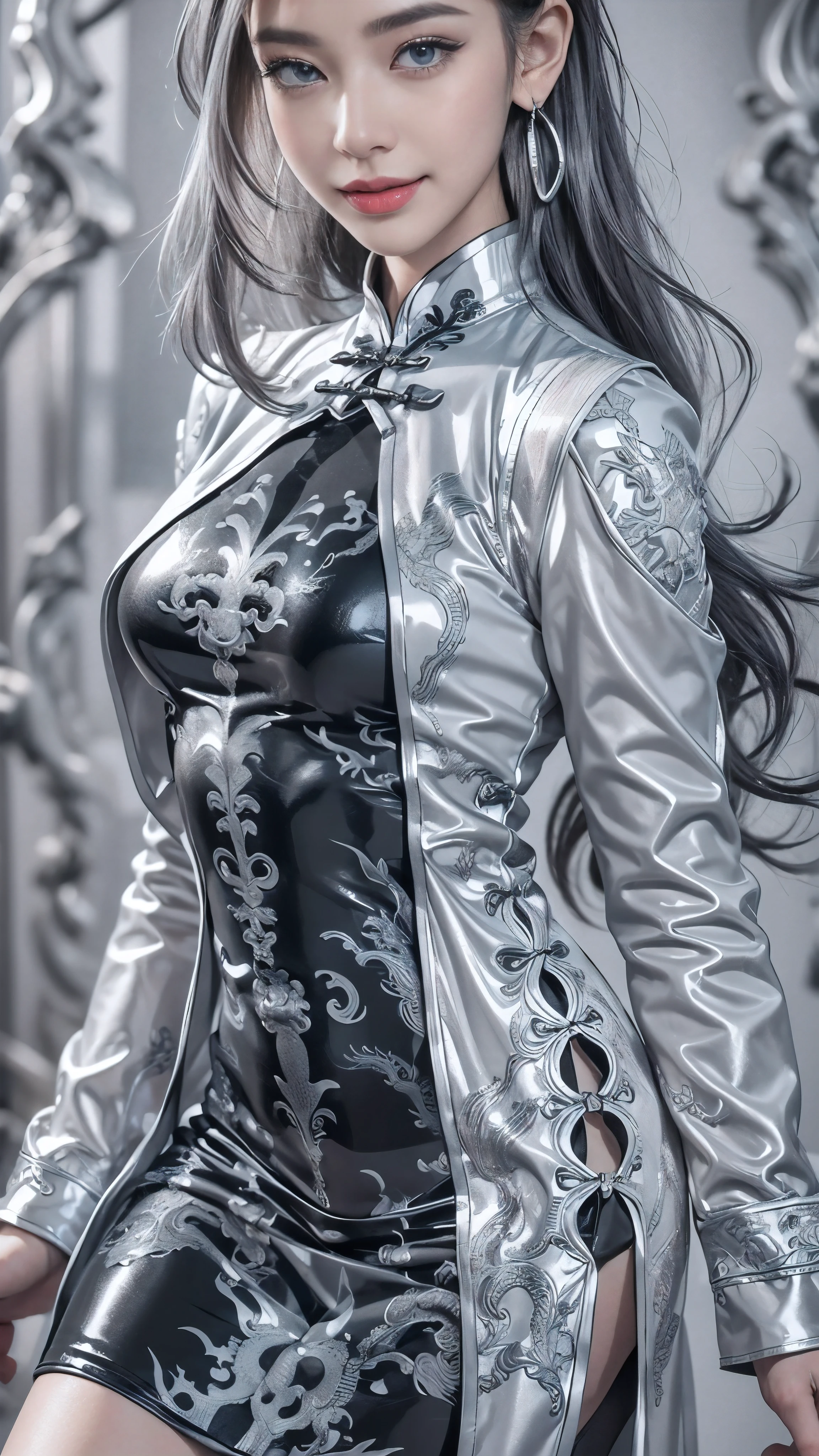 (Realistic:1.2), (all body, fashion portrait:1.6), (brand collection, fashion brand theme:1.6), (detailed, beautiful, masterpiece, best quality:1.2), _ BREAK (1girl:1.2), 22 years old, 160 cm, Japanese cute model, Tightened all body, medium Breasts, small head, small face, diamond Face, small nose, Sharp Faceline, Detailed face, Detailed eyes, young hands and fingers, beautiful hands and fingers, five fingers, _ BREAK (happy, smile, Glossy Lips:1.3), (Light color lips, Half open mouth, beautiful Teeth:1.2), (dropy eyes, Double eyelid, light color eyes, Shiny eyes:1.5), Shiny skin, _ BREAK (arranged hairstyle:1.4), (gray hair, shiny hair, _ BREAK (gray background:1.4), mist, fog , white lightning, _ BREAK (wide angle:1.4), (standing, sexy model pose:1.2),BREAK (black and white theme:1.2), (fusion of sleek black bodysuit and traditional Chinese Cheongsam dress:1.3),(long sleeve:1.2), (mandarin collar:1.2), (form-fitting silhouette:1.2), (dragon shape cut out:1.3), (white thigh-high slit on the side:1.2),
BREAK (silver accent:1.2), (silver hoop earrings:1.2), (black stiletto boots:1.2), (subtle makeup with monochrome tones:1.2),(black Trim accents:1.2),