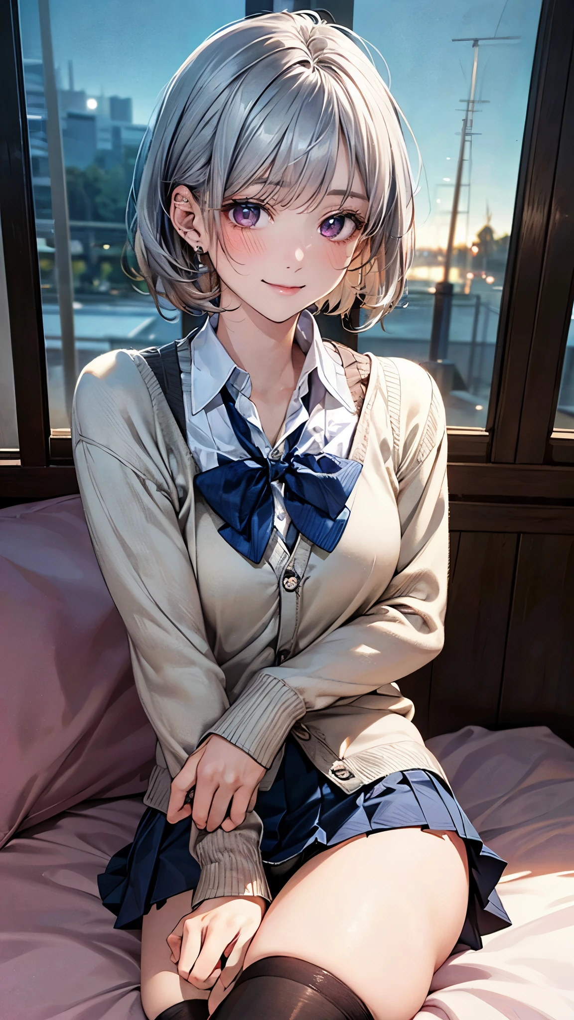 (masterpiece:1.2, top-quality), (realistic, photorealistic:1.4), beautiful illustration, (natural side lighting, movie lighting), 
looking at viewer, fullbody, 1 girl, japanese, high school girl, perfect face, cute and symmetrical face, shiny skin, babyface, 
(short hair, messy hair, silver hair), braided bangs, asymmetrical bangs, dark purple eyes, (middle breasts, seductive thighs, big ass), piercings, 
beautiful hair, beautiful face, beautiful detailed eyes, beautiful clavicle, beautiful body, beautiful chest, beautiful thigh, beautiful legs, beautiful fingers, 
((light grey green cardigan, closed clothes, navy blue pleated mini skirt, white collared shirt, dark red bow tie, black thigh-highs)), light blue stripe panty, 
(beautiful scenery), evening, modern, girl's room, sitting bed, (lovely smile, upper eyes),