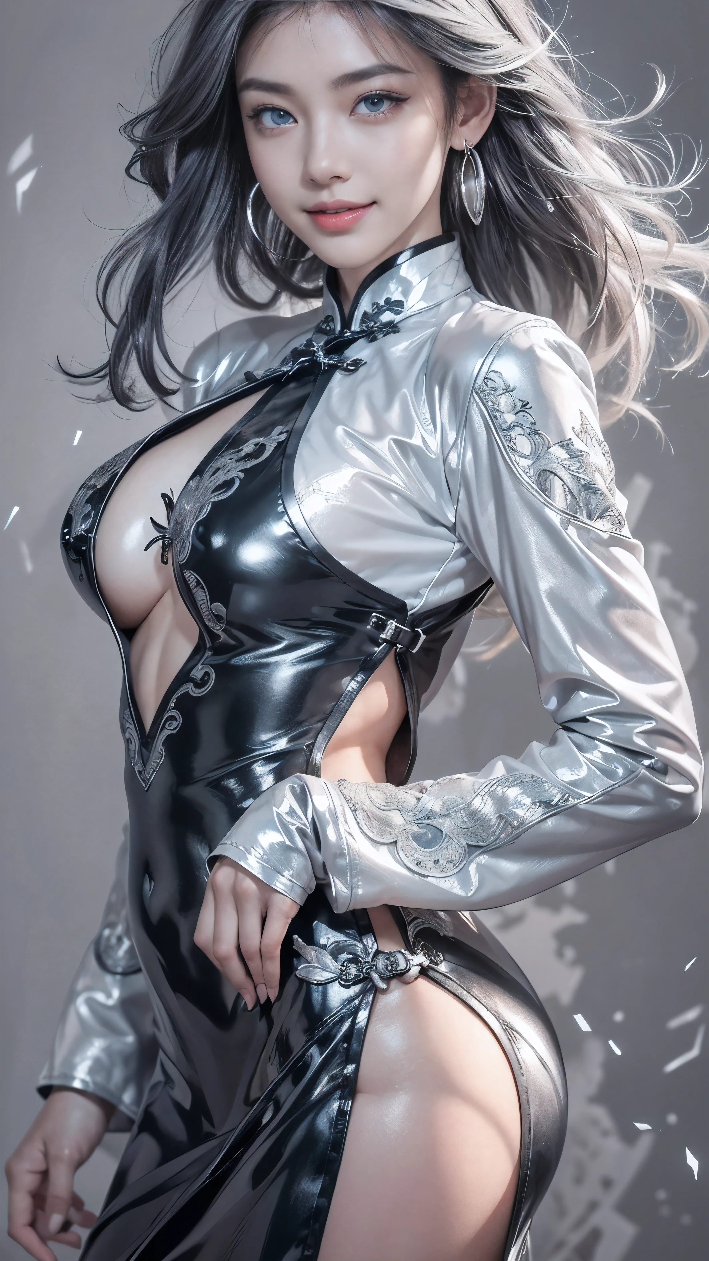 (Realistic:1.2), (all body, fashion portrait:1.6), (brand collection, fashion brand theme:1.6), (detailed, beautiful, masterpiece, best quality:1.2), _ BREAK (1girl:1.2), 22 years old, 160 cm, Japanese cute model, Tightened all body, medium Breasts, small head, small face, diamond Face, small nose, Sharp Faceline, Detailed face, Detailed eyes, young hands and fingers, beautiful hands and fingers, five fingers, _ BREAK (happy, smile, Glossy Lips:1.3), (Light color lips, Half open mouth, beautiful Teeth:1.2), (dropy eyes, Double eyelid, light color eyes, Shiny eyes:1.5), Shiny skin, _ BREAK (arranged hairstyle:1.4), (gray hair, shiny hair, _ BREAK (gray background:1.4), mist, fog , white lightning, _ BREAK (wide angle:1.4), (standing, sexy model pose:1.2),BREAK (black and white theme:1.2), (fusion of sleek black bodysuit and traditional Chinese Cheongsam dress:1.3),(long sleeve:1.2), (mandarin collar:1.2), (form-fitting silhouette:1.2), (dragon shape cut out:1.3), (white thigh-high slit on the side:1.2),
BREAK (silver accent:1.2), (silver hoop earrings:1.2), (black stiletto boots:1.2), (subtle makeup with monochrome tones:1.2)