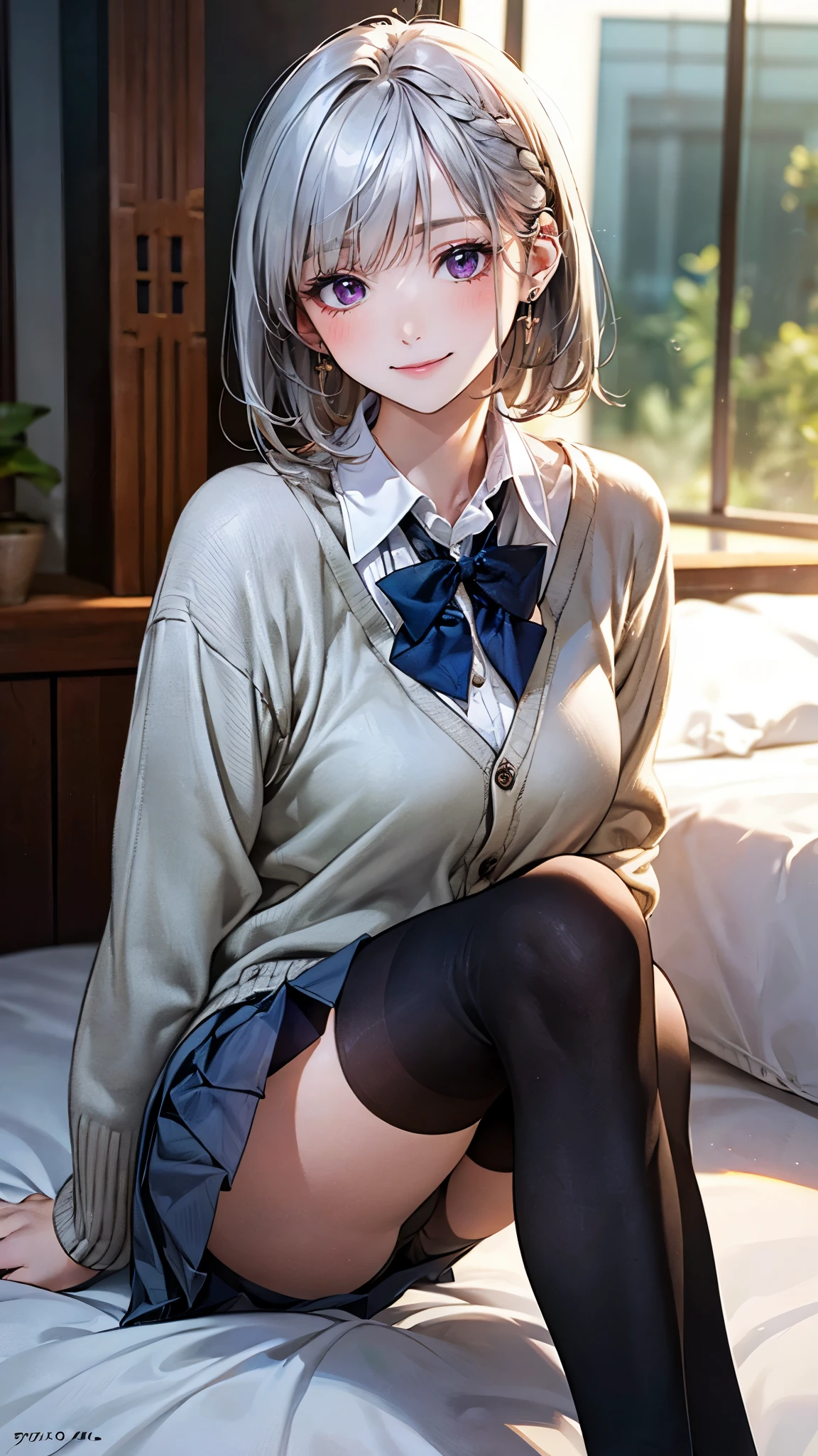 (masterpiece:1.2, top-quality), (realistic, photorealistic:1.4), beautiful illustration, (natural side lighting, movie lighting),
looking at viewer, fullbody, 1 girl, japanese, high school girl, perfect face, cute and symmetrical face, shiny skin, babyface,
(short hair, messy hair, silver hair), braided bangs, asymmetrical bangs, dark purple eyes, (middle breasts, seductive thighs, big ass), piercings,
beautiful hair, beautiful face, beautiful detailed eyes, beautiful clavicle, beautiful body, beautiful chest, beautiful thigh, beautiful legs, beautiful fingers,
((light grey green cardigan, closed clothes, navy blue pleated mini skirt, white collared shirt, dark red bow tie, black thigh-highs)), light blue stripe panty,
(beautiful scenery), evening, modern, girl's room, sitting bed, (lovely smile, upper eyes),
