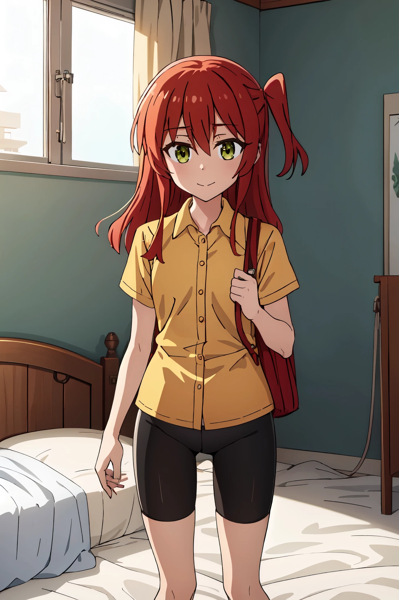 1 girl, ikuyo kita, bangs, red hair, long hair, one side up hair, green eyes, open eyes, bedroom, white bed sheets, indoors, yellow shirt, shirt collared, short sleeves, wearing bike shorts, bike shorts, standing, looking ahead, pov, happy, 