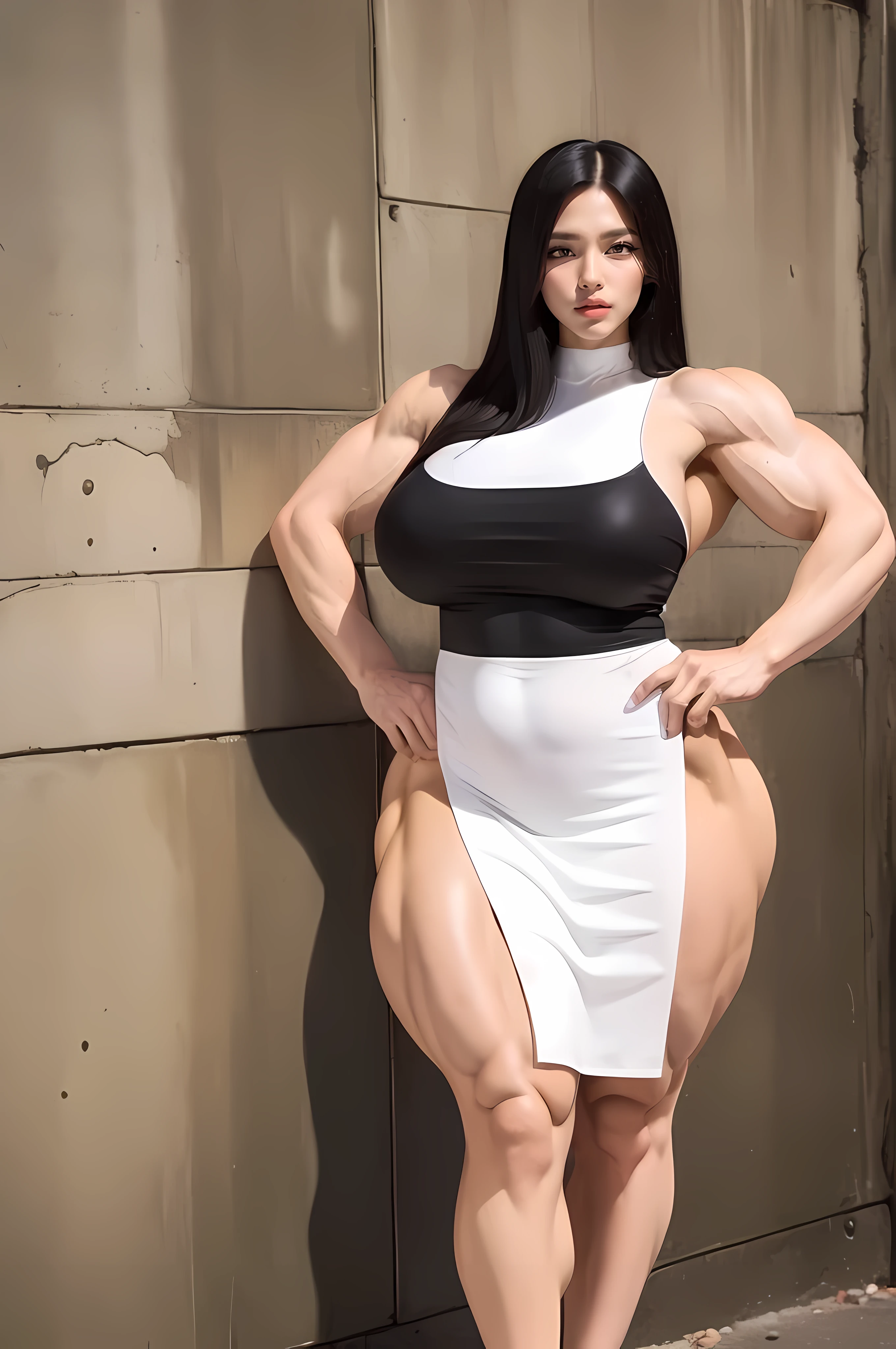 ((Masterpiece)), ((Best Quality)), ((((((((1 girl)))))))), (((Huge ))), ((long legs)), ((wide hips)), (((((((muscular))))))) black hair, yellow eyes, very long hair, tall, pale skin, (seductive expression), against wall, white dress