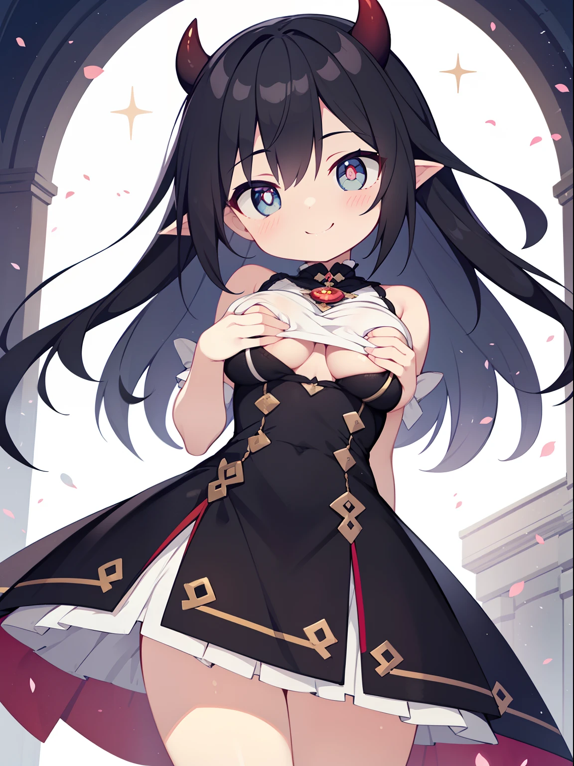 (Little devil girl:1.2), (1 person:1.2),(10 year old girl)、young girl、big breasts、 nffsw、shader、big breasts、highly detailed eyes、long hair、big breasts、side boob、underboob、Glossy cleavage、black hair、silky hair、knit dress(White thin fabric、plain colors、mini skirt)、ultra-intricate pupil in eyes、highest quality、bright colors、Bust 100、rests、Standing picture of the game、Stirring composition、Composition looking up from below、Lift your with your hands、Pose that emphasizes the chest、fold your arms、grinning expression、eyes half closed、open your mouth、stinky eyes、evil face、Bullish smile、fold your hands behind your back、Hide your hands、evil smile、whole body、cute