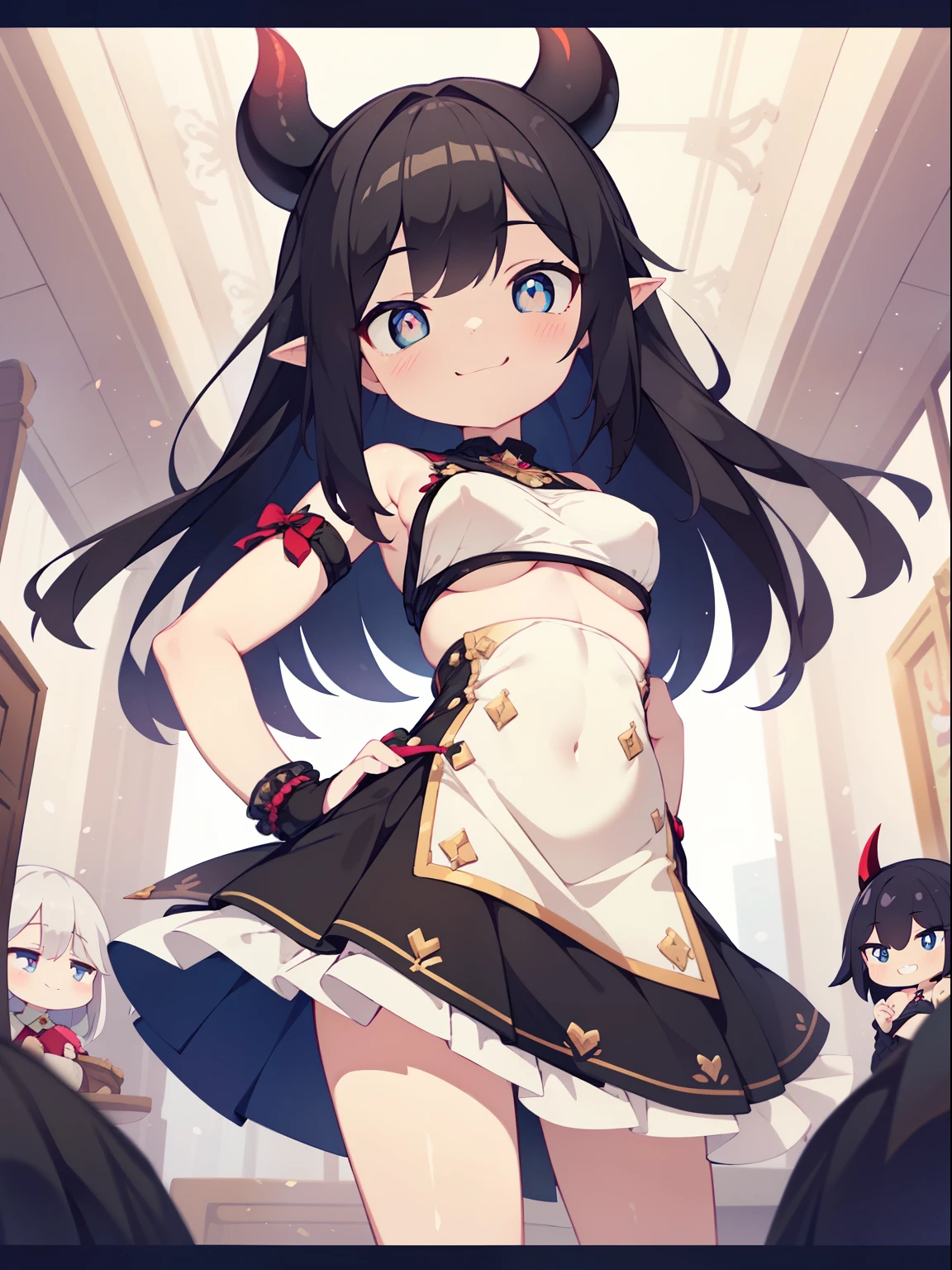 (Little devil girl:1.2), (1 person:1.2),(10 year old girl)、young girl、big breasts、 nffsw、shader、big breasts、highly detailed eyes、long hair、big breasts、side boob、underboob、Glossy cleavage、black hair、silky hair、knit dress(White thin fabric、plain colors、mini skirt)、ultra-intricate pupil in eyes、highest quality、bright colors、Bust 100、rests、Standing picture of the game、Stirring composition、Composition looking up from below、Lift your with your hands、Pose that emphasizes the chest、fold your arms、grinning expression、eyes half closed、open your mouth、stinky eyes、evil face、Bullish smile、fold your hands behind your back、Hide your hands、evil smile、whole body、cute