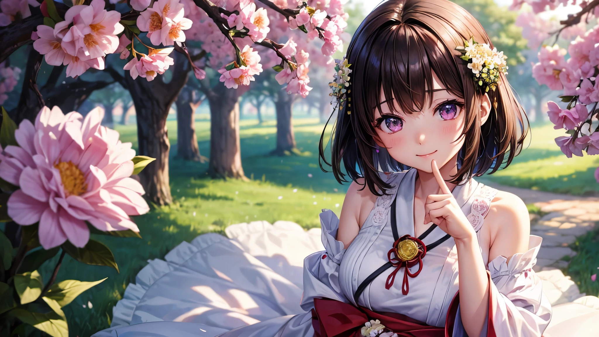 masterpiece、High-definition CG unified 8K wallpaper、1girl、beautiful、real、blurry、とっても可愛いgirl、(girl)、dark brown hair、cowboy shot、bob cut、short hair、violet eye、Brown eye、smile、clear white skin、blurry_background、blurry_foreground、branch、梅のflower、depth_of_field、flower、gem、nose、real、solo、shrine maiden costume、Hide fingers、Hide arms、Information on just wearing a bra